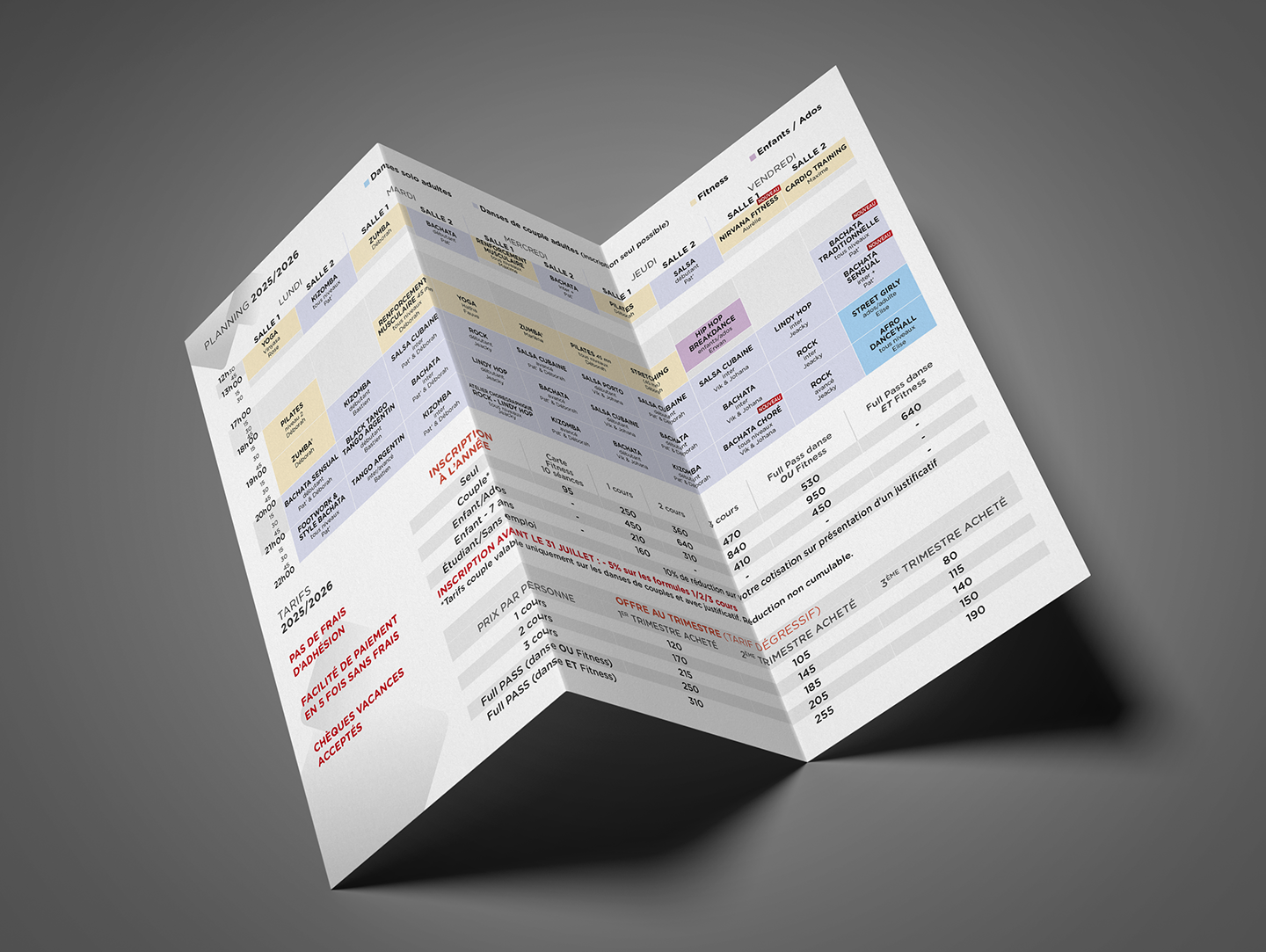 Latin’Addiction folded leaflet, back with timetable and prices