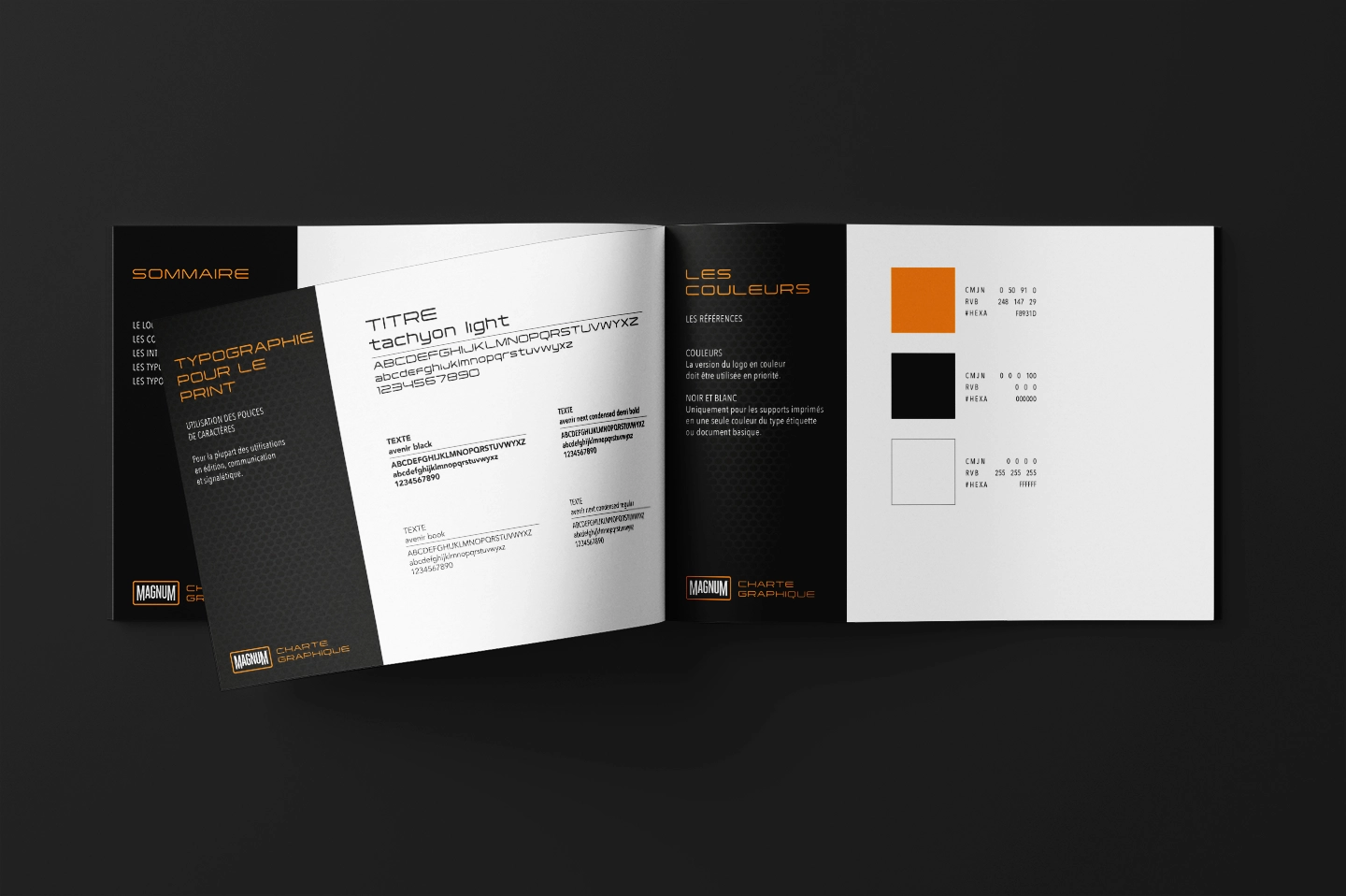 Inside pages of the Magnum brand guidelines: typefaces and colours