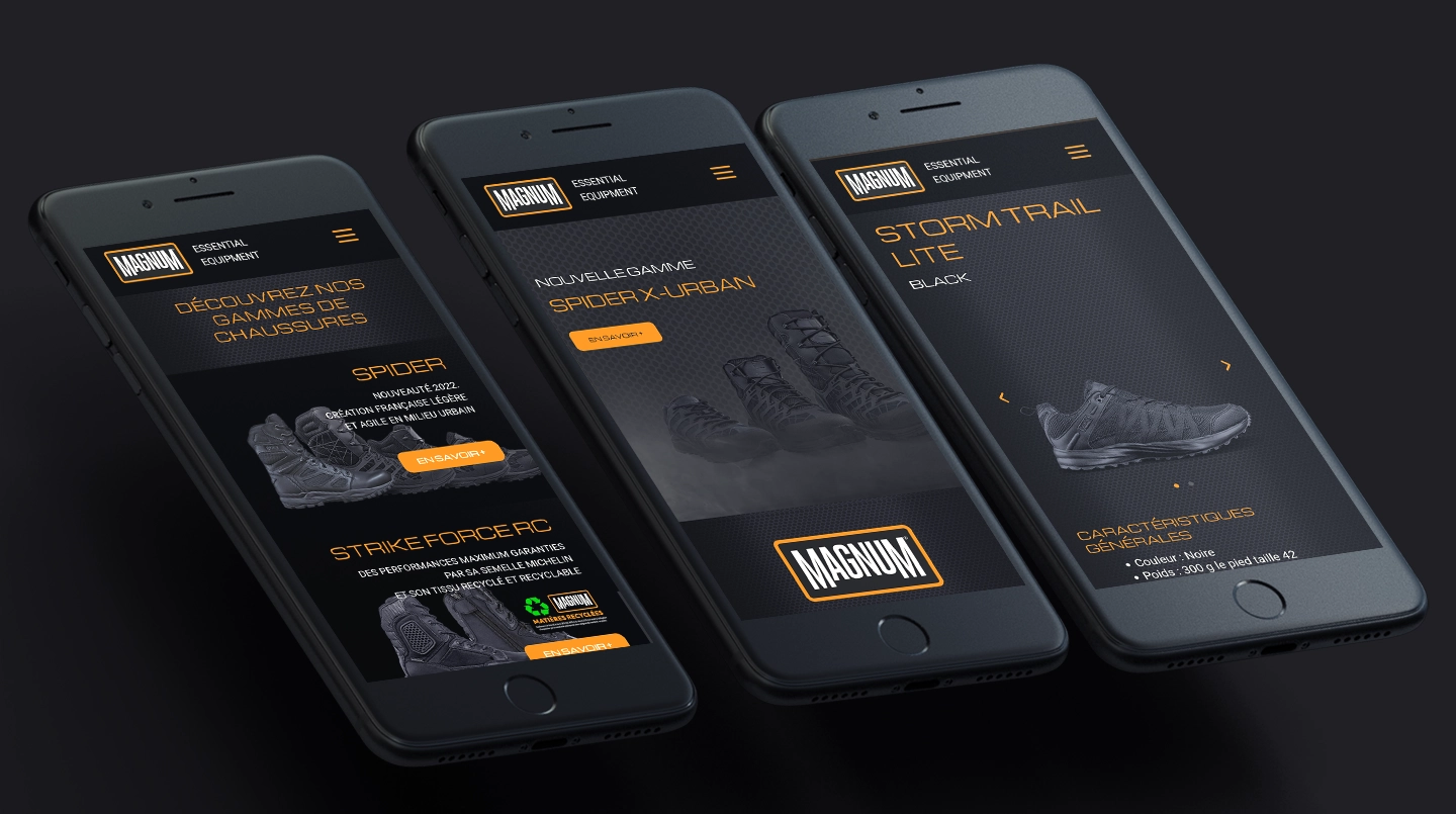 Magnum Boots France website on three smartphones
